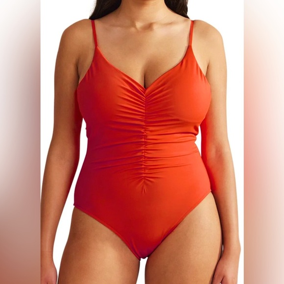 NWT Boden Ruched V neck low back one piece swimsuit red 4 vacation orange - Picture 2 of 5
